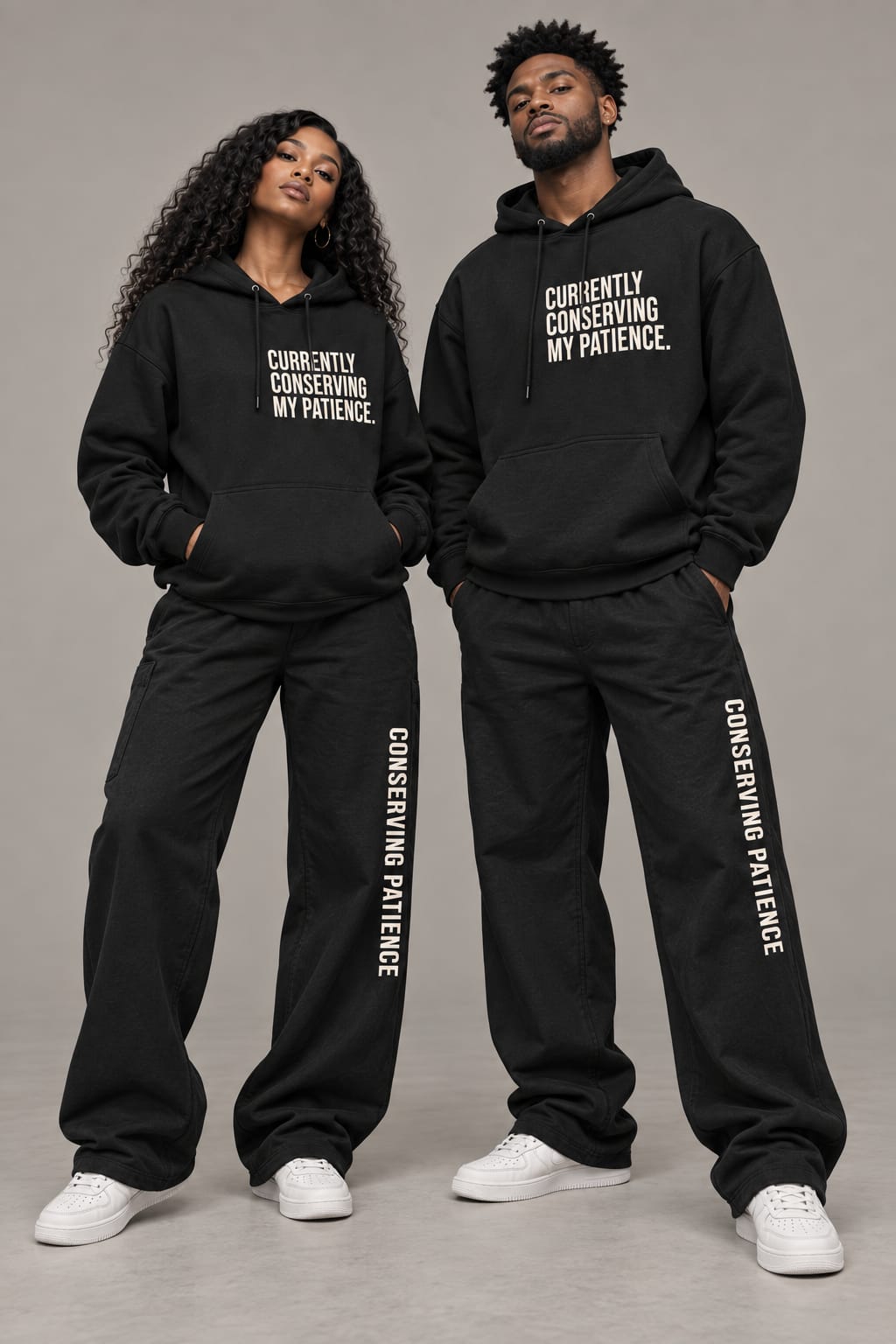 Black pullover hoodie reading Currently Conserving My Patience