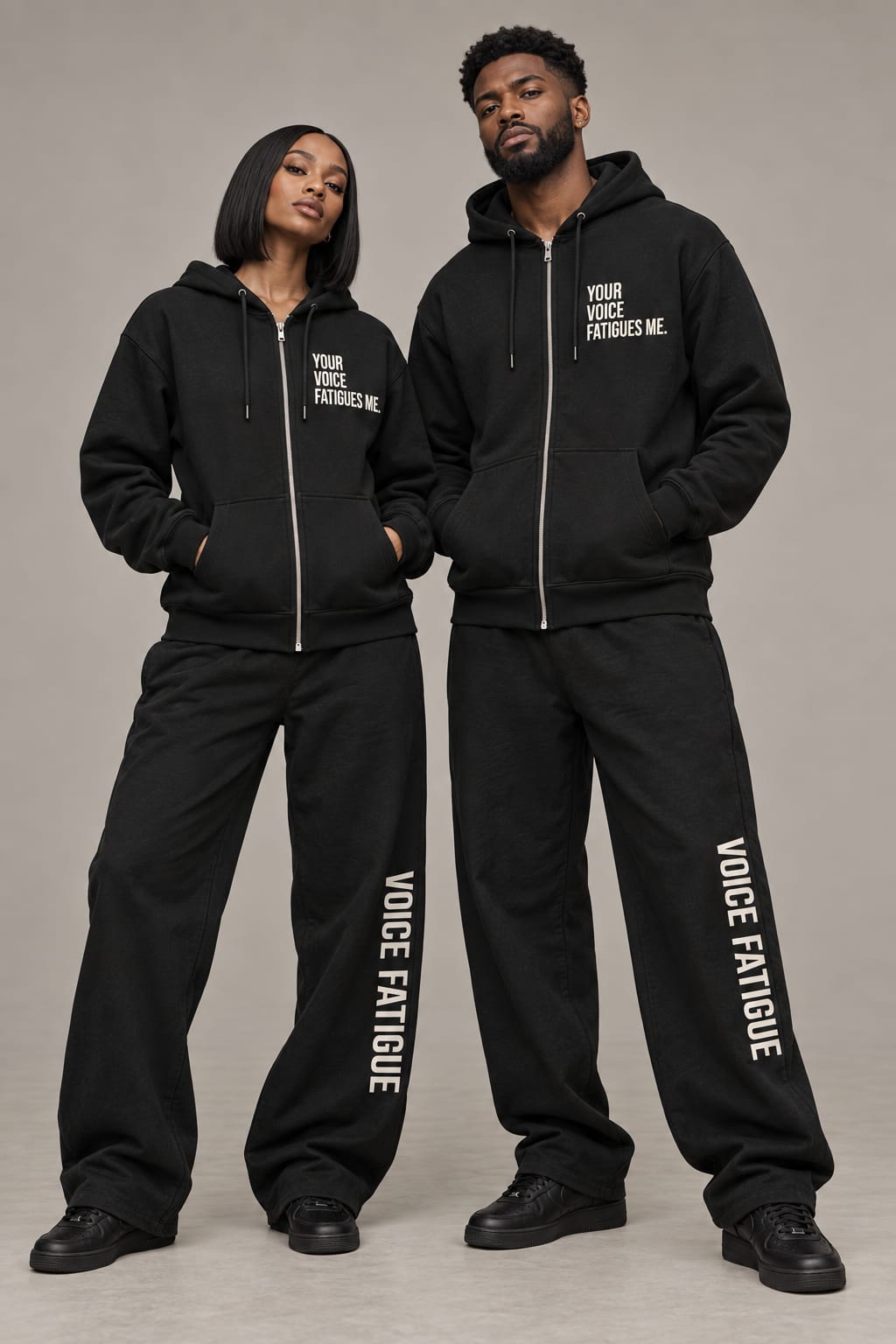 Black zip hoodie reading Your Voice Fatigues Me